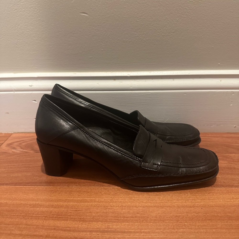 Vintage VIA SPIGA Black Leather Square Toe Slip on Chunky Heel Loafers 9.5